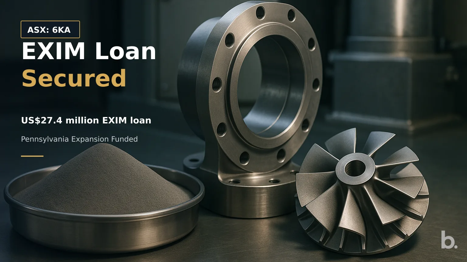 [ASX: 6KA] 6K ADDITIVE, INC. a close-up composition of fine spherical metal powder beside aerospace-grade metal components, with industrial powder-processing equipment visible