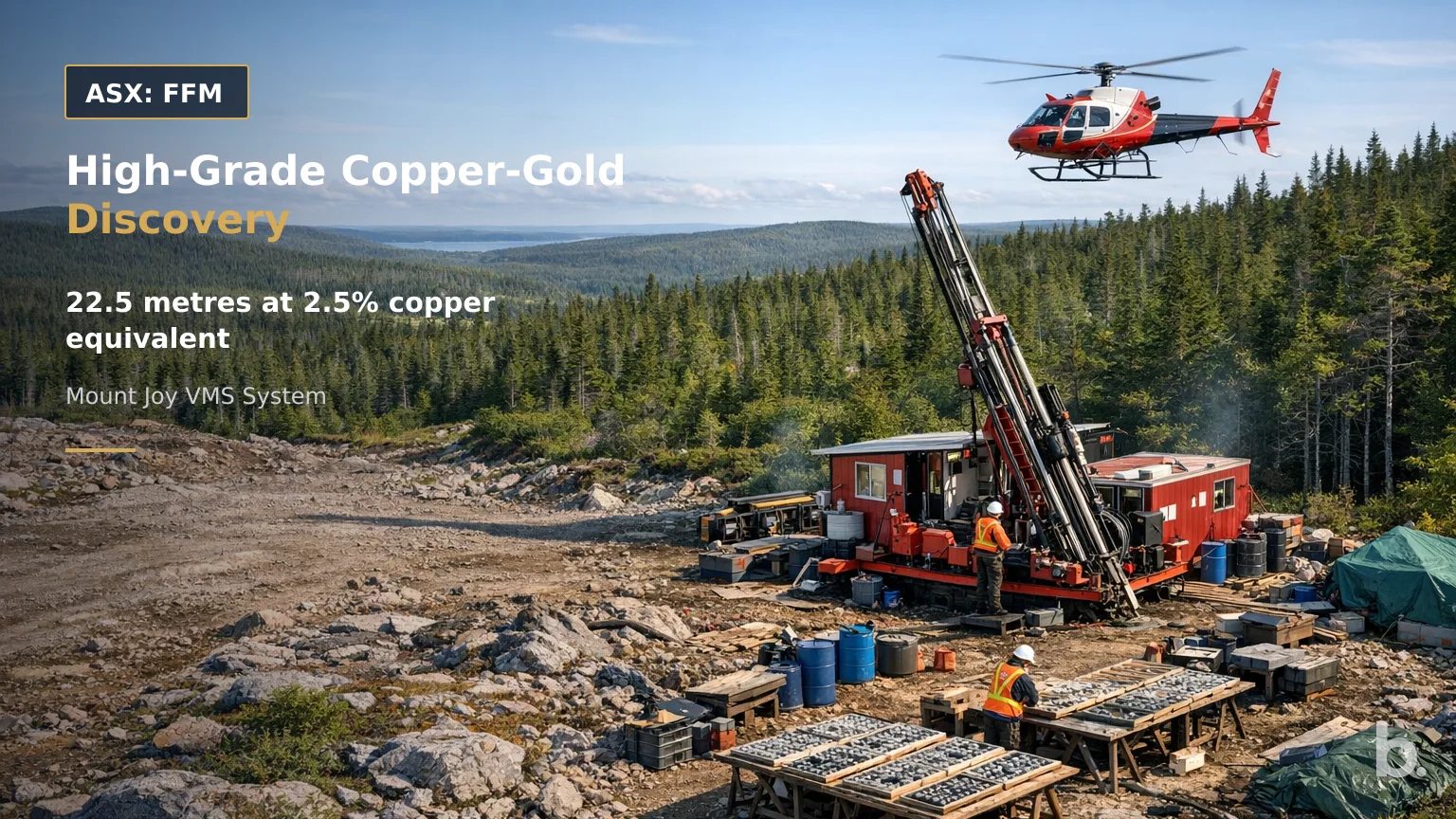 [ASX: FFM] FIREFLY METALS LTD a helicopter-supported diamond drill rig operating in the forested terrain of Newfoundland, with drilling equipment, core handling