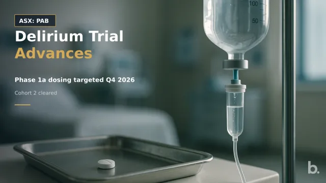 [ASX: PAB] PATRYS LIMITED a clinical research room with an intravenous infusion setup beside a tray holding a single oral tablet, framed