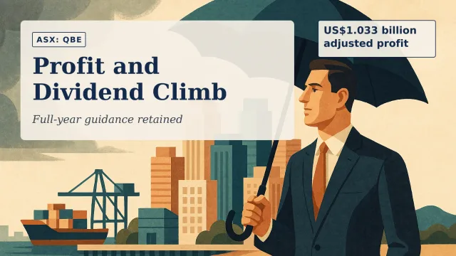 Illustration of a global insurance setting with a modern city skyline, commercial buildings and cargo infrastructure beneath clearing storm clouds, rende…