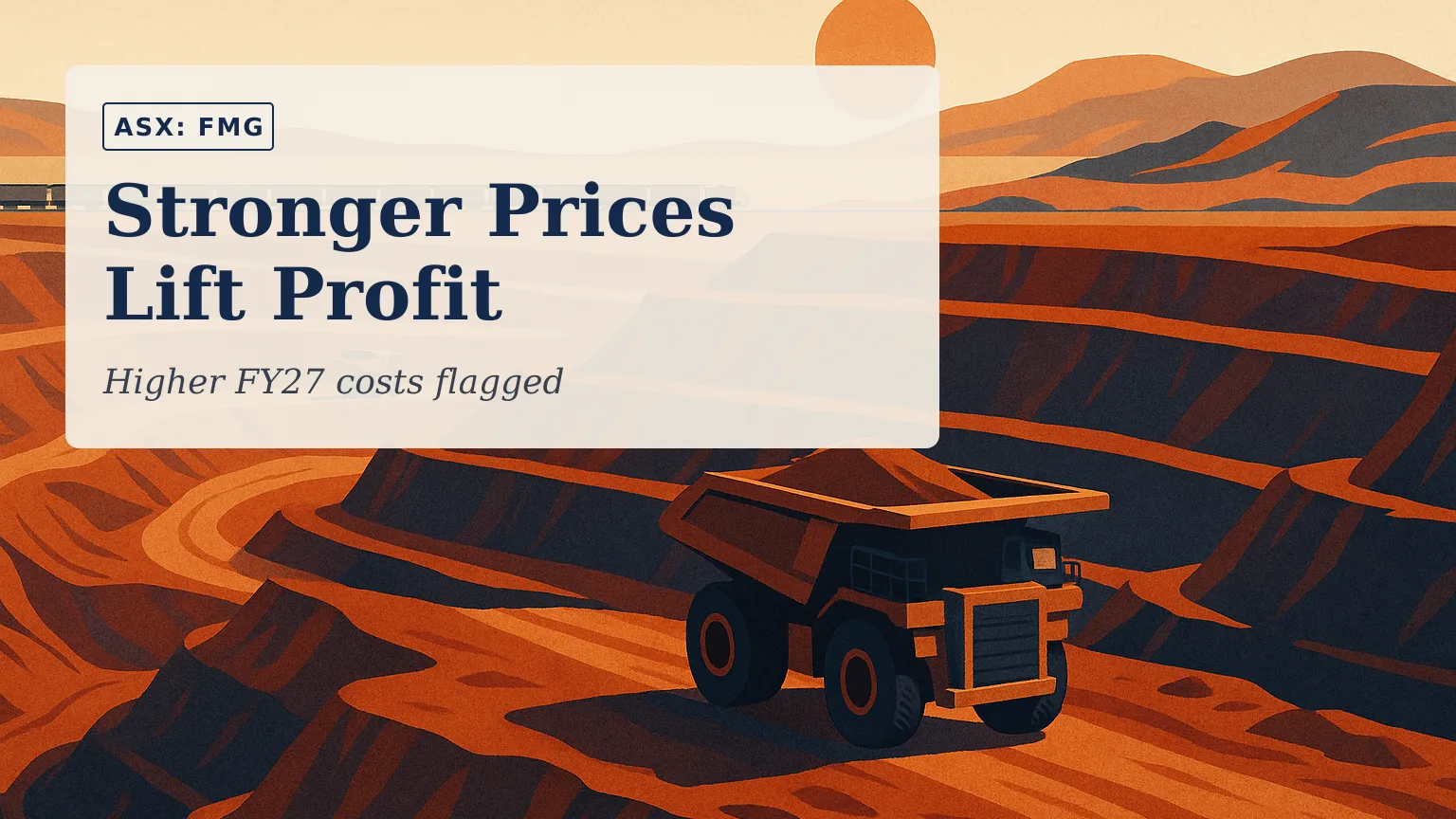 Illustration of a vast Pilbara iron ore mine at sunrise, with haul trucks moving through red-earth terraces and a long ore train crossing the middle dist…