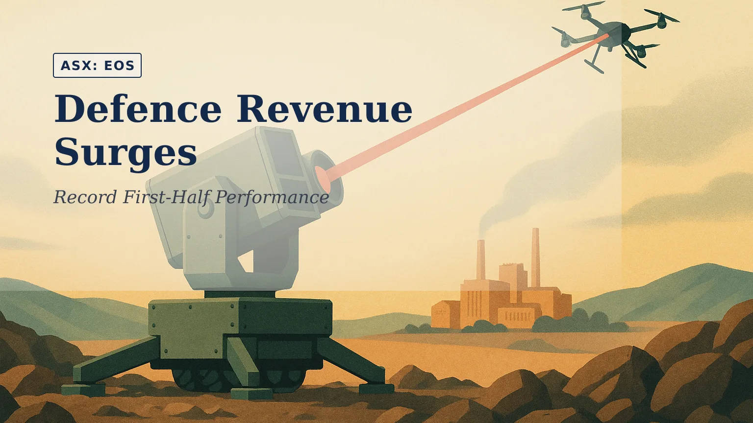 Illustration of a high-energy laser defence system positioned on rocky terrain, directing a narrow beam toward an airborne drone above a distant industri…
