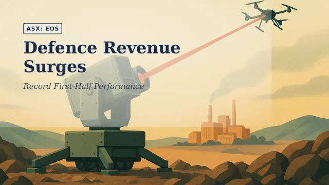 Illustration of a high-energy laser defence system positioned on rocky terrain, directing a narrow beam toward an airborne drone above a distant industri…