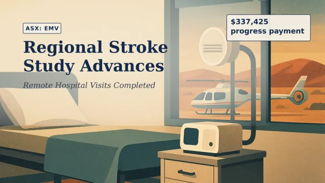 Illustration of a remote South Australian emergency department at dusk, with a compact bedside brain scanner beside a hospital bed and an air ambulance v…