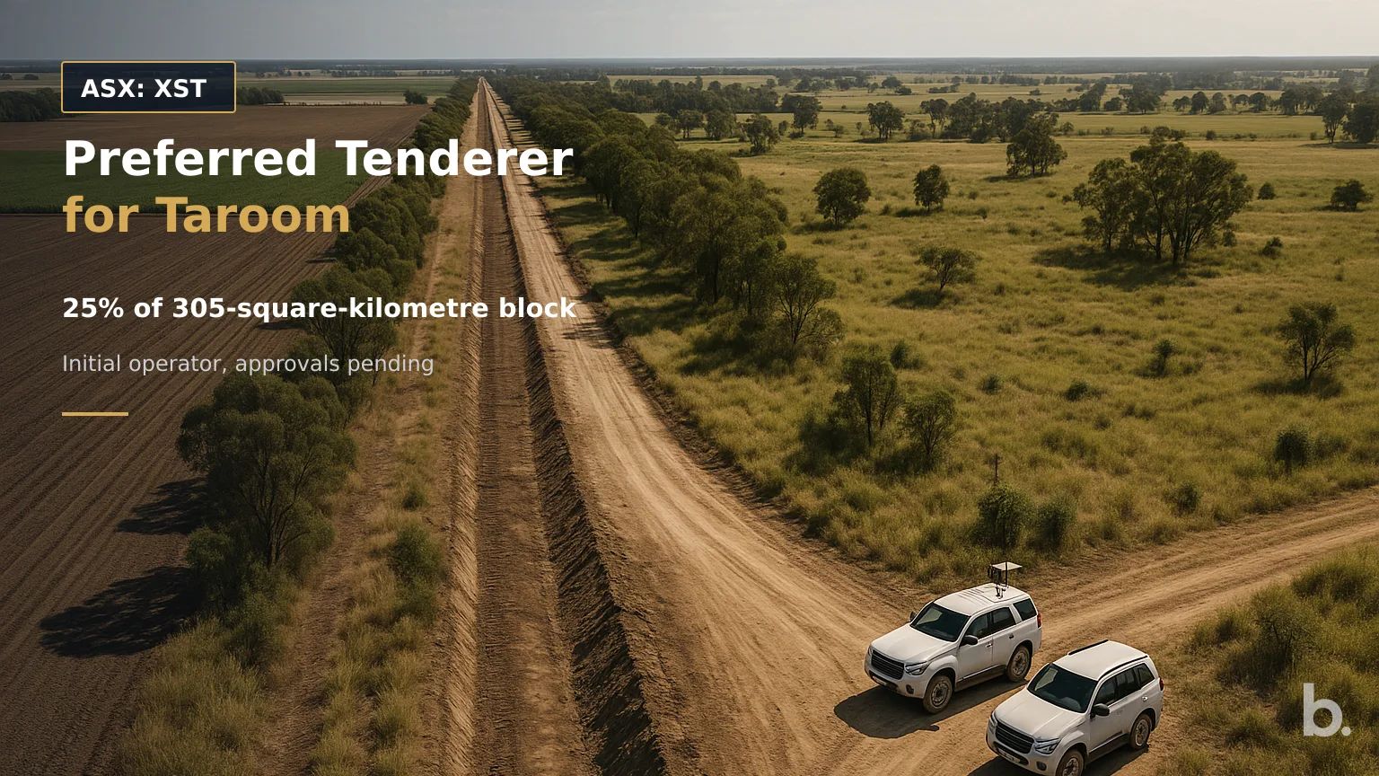 [ASX: XST] XSTATE RESOURCES LIMITED a wide aerial view of agricultural land between Condamine and Miles, with an existing gas pipeline corridor