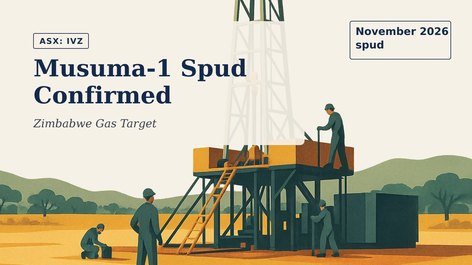 Illustration of a drilling rig being prepared in a dry Zimbabwean basin, with maintenance crews working around the structure and low wooded hills across…