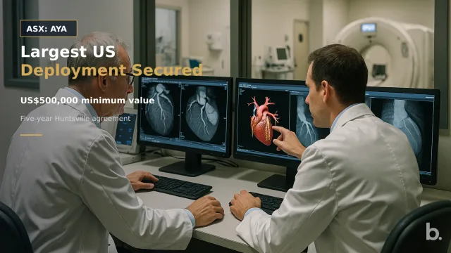 [ASX: AYA] ARTRYA LIMITED a radiologist and cardiologist reviewing coronary CT images and a three-dimensional coronary artery model on medical workstations inside