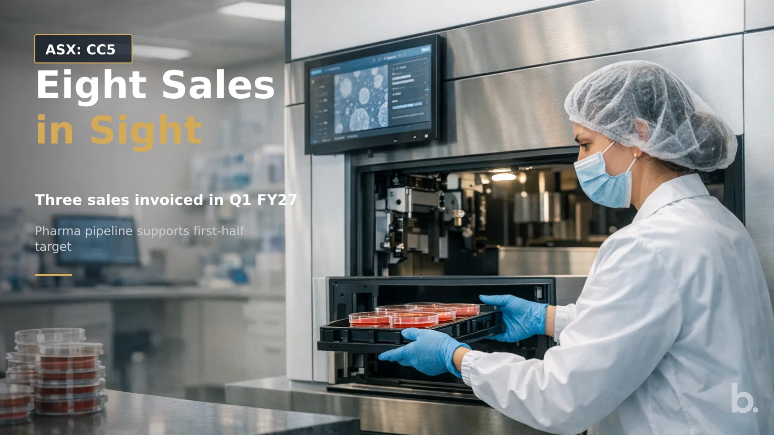 [ASX: CC5] CLEVER CULTURE SYSTEMS LIMITED a laboratory scientist loading culture plates into an automated analysis instrument within a clean pharmaceutical quality-control
