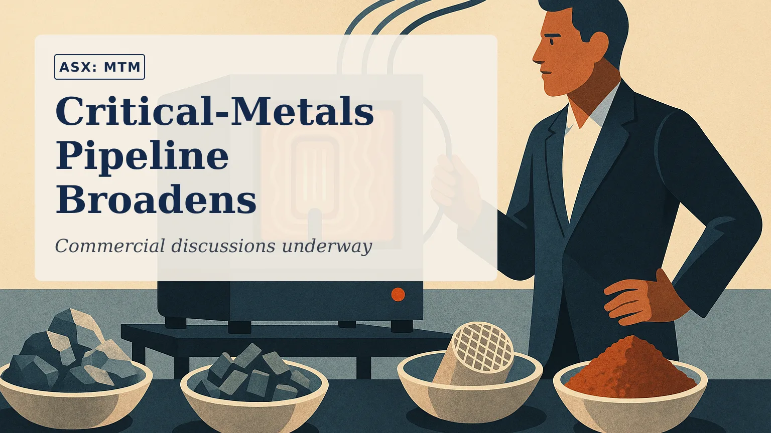 Illustration of a high-tech metals laboratory with glowing electrical heating equipment at the centre, surrounded by rare-earth ore, electronic scrap, ca…