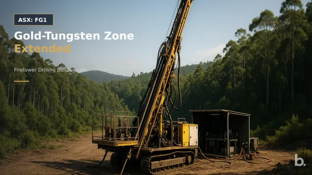 [ASX: FG1] FLYNN GOLD LIMITED a diamond drill rig operating in forested northern Tasmanian terrain, framed wide to show the drilling platform,