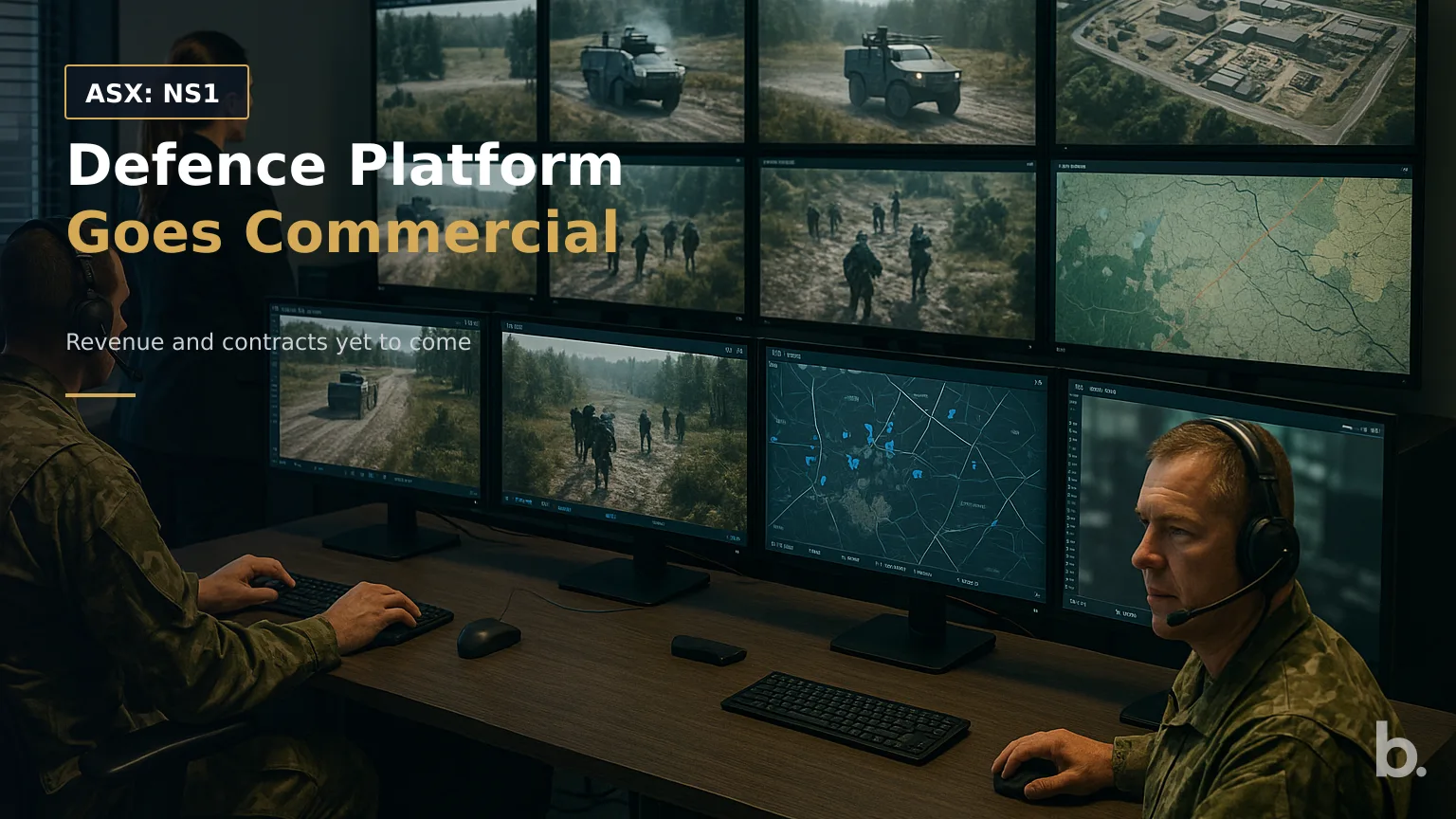 [ASX: NS1] NODESTREAM LTD a defence command centre with operators viewing multiple live field-camera, vehicle and mapping feeds across a bank of