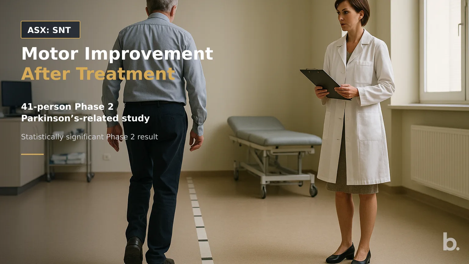 [ASX: SNT] SYNTARA LIMITED a clinician observing a clinical trial participant walking along a marked assessment path in a neurological examination room,