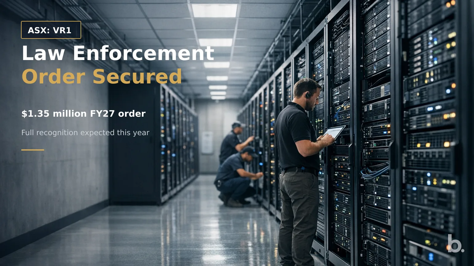 [ASX: VR1] VECTION TECHNOLOGIES LTD a secure data-centre environment containing rows of enterprise edge-computing servers, framed from a wide central aisle with