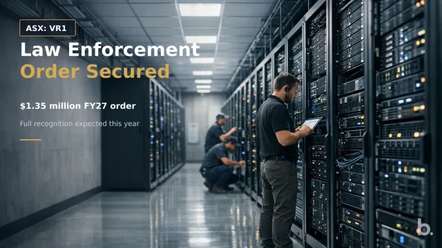 [ASX: VR1] VECTION TECHNOLOGIES LTD a secure data-centre environment containing rows of enterprise edge-computing servers, framed from a wide central aisle with