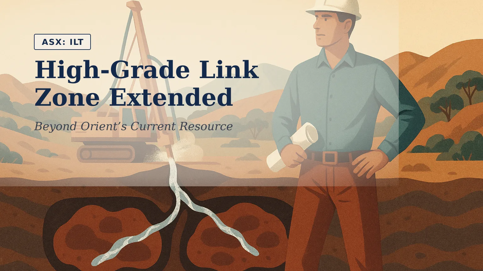 Illustration of a reverse-circulation drill rig operating in rugged northern Queensland terrain, with a geological cutaway revealing bright silver-rich s…