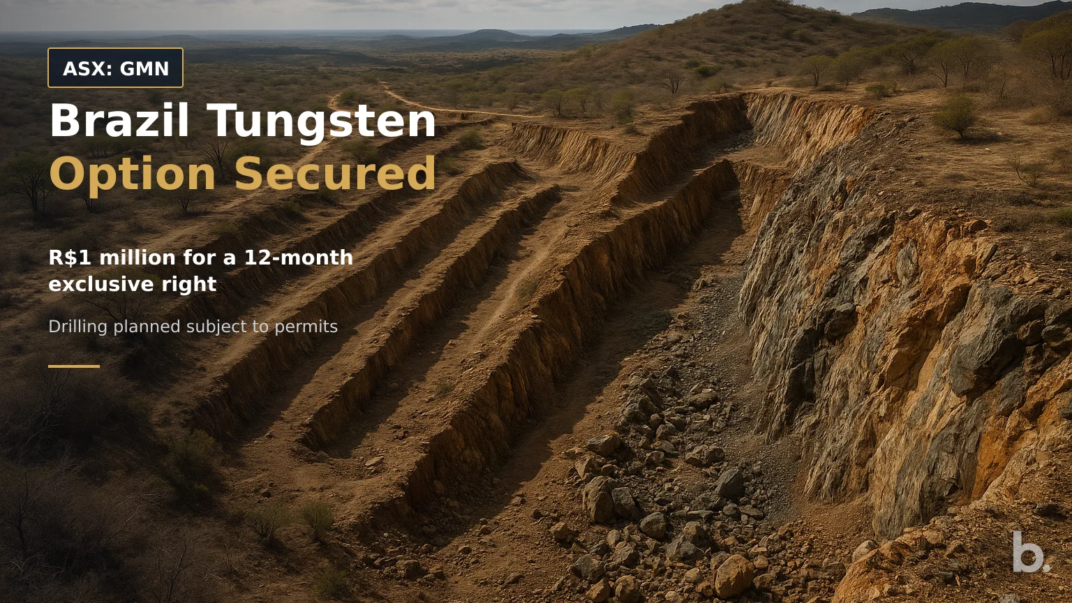 [ASX: GMN] GOLD MOUNTAIN LIMITED an elevated view across the historical Malhada do Angico mine area in northeast Brazil, showing narrow old