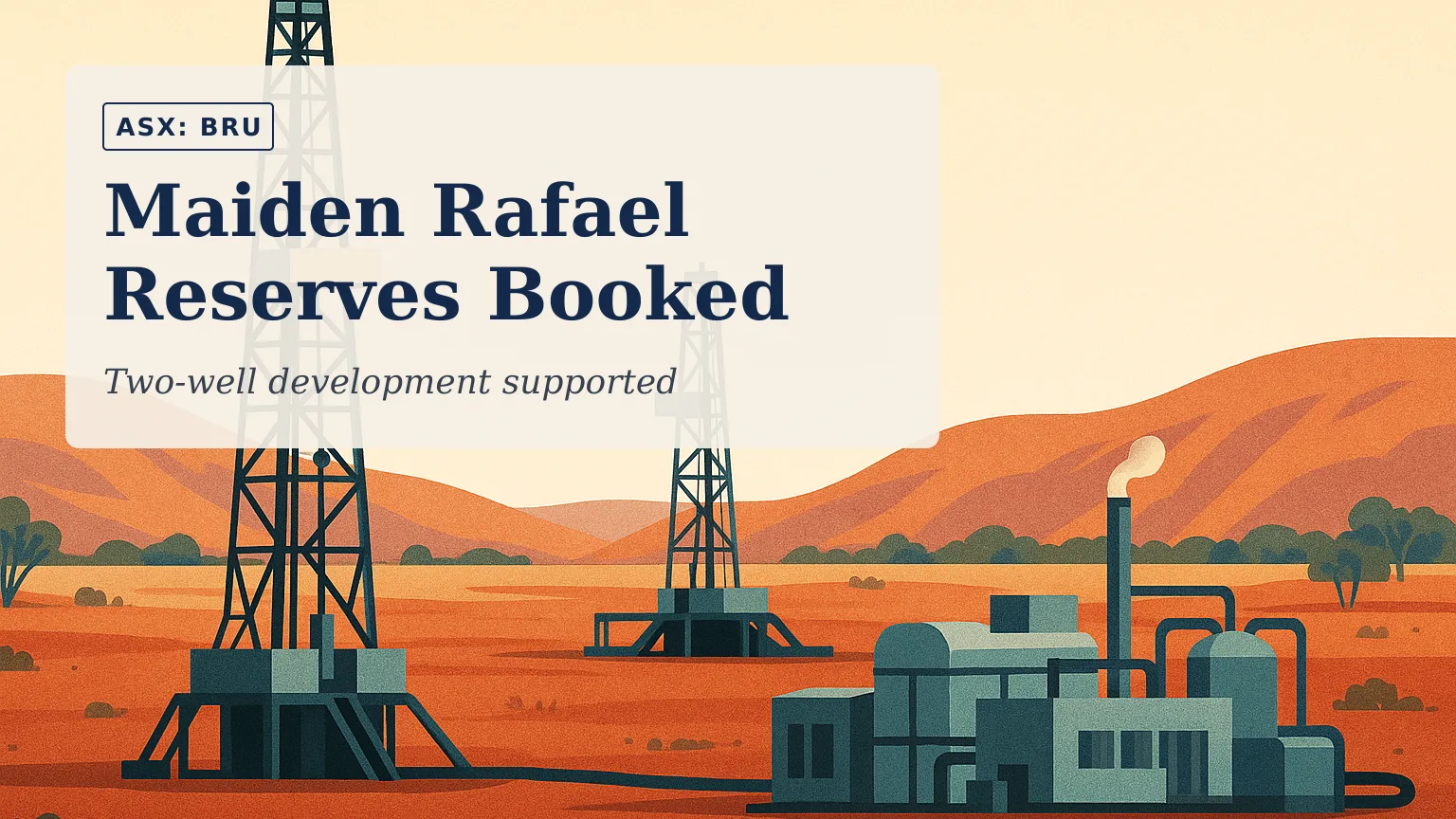 [ASX: BRU] BURU ENERGY LIMITED a remote Kimberley gas field at dawn, with two drilling rigs connected to a compact modular processing