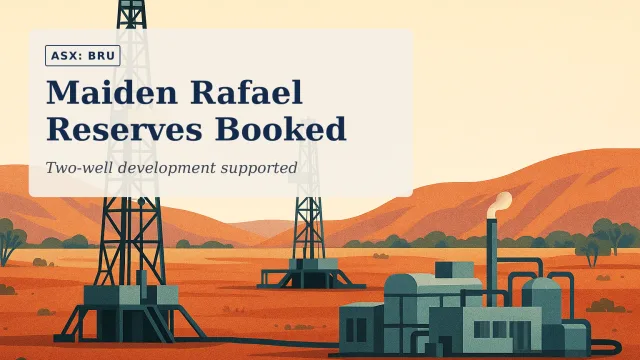 [ASX: BRU] BURU ENERGY LIMITED a remote Kimberley gas field at dawn, with two drilling rigs connected to a compact modular processing