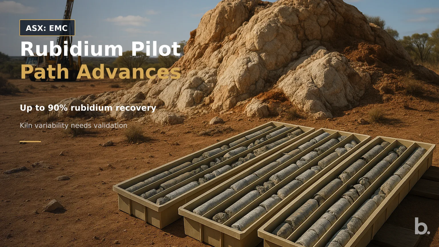 [ASX: EMC] EVEREST METALS CORPORATION LTD a Western Australian mineral project scene showing pale pegmatite outcrop and drill core trays in an