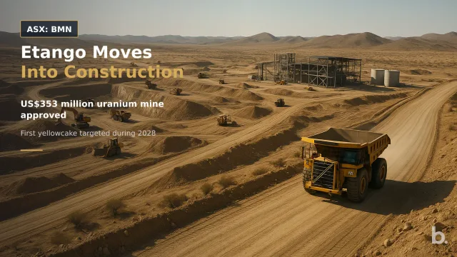 [ASX: BMN] BANNERMAN ENERGY LTD a wide aerial view of a large uranium mine construction site in Namibia’s arid Erongo region, with