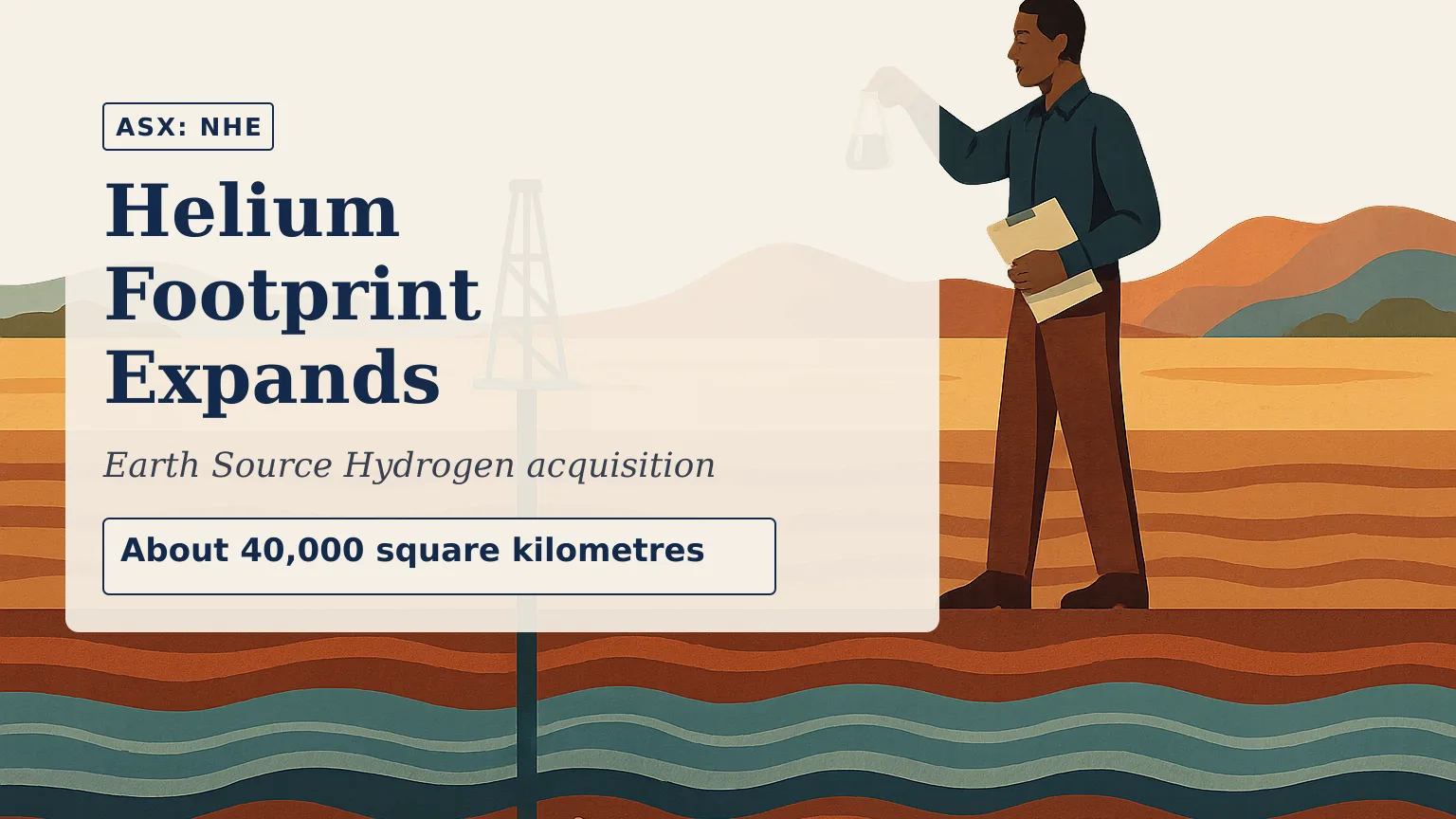 Illustration of a technical geological cutaway beneath ochre desert terrain, showing deep basin structures, water bore sampling and small gas bubbles mig…