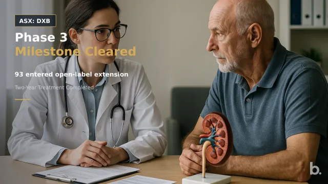 [ASX: DXB] DIMERIX LIMITED a renal clinical trial participant seated with a medical researcher in a hospital consultation room, with a kidney