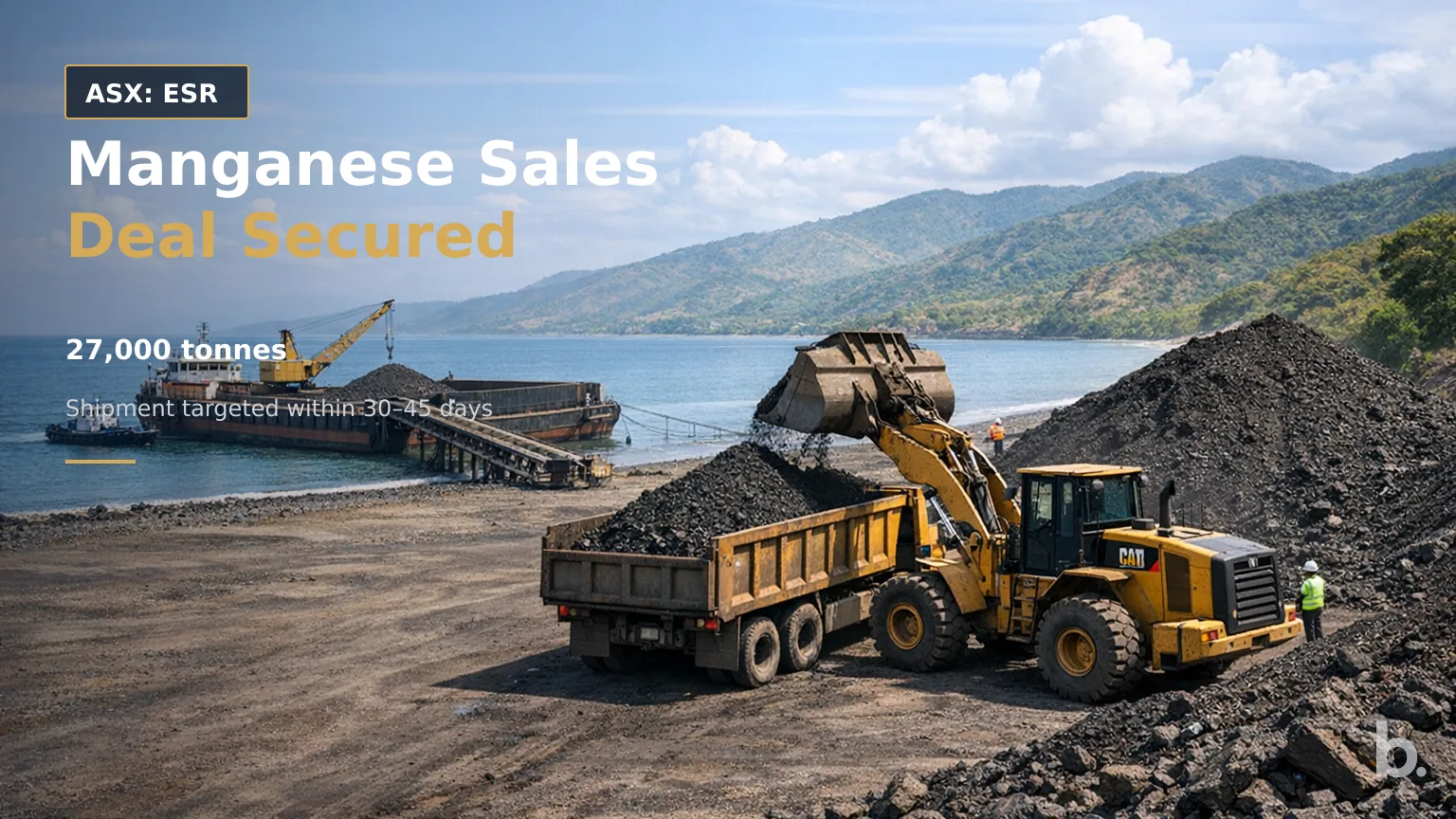 [ASX: ESR] ESTRELLA RESOURCES LIMITED a large stockpile of dark manganese ore at a coastal loading area in Timor-Leste, with earthmoving equipment