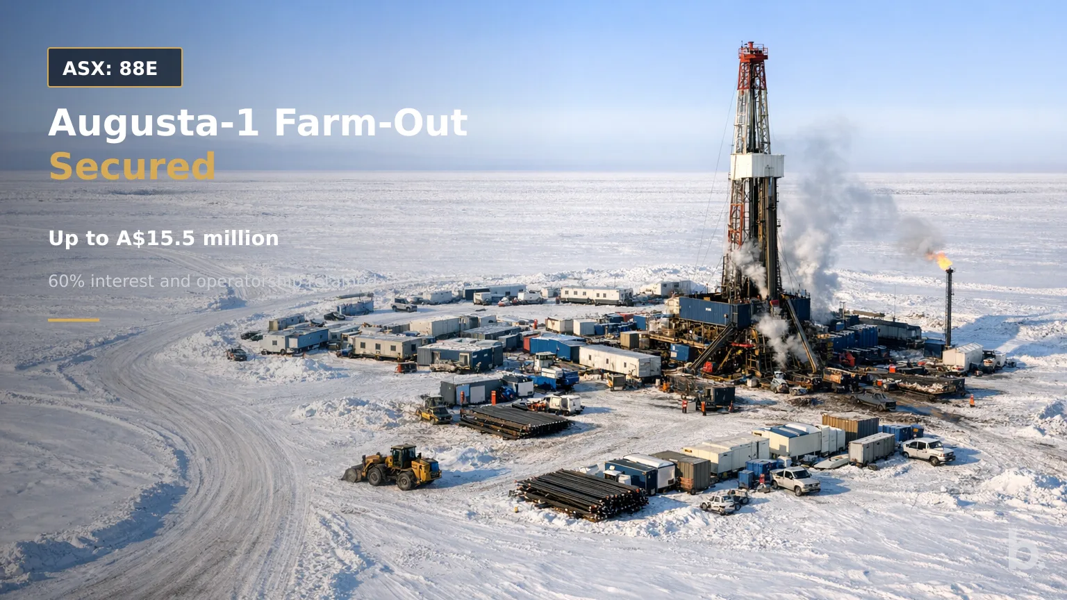 [ASX: 88E] 88 ENERGY LIMITED a wide aerial view of an Arctic drilling rig and support camp on Alaska’s snow-covered North Slope,