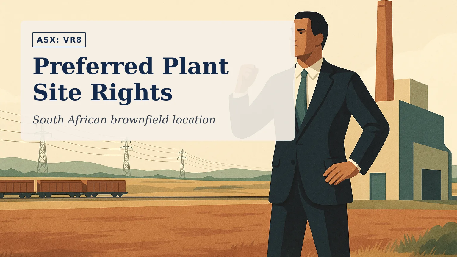Illustration of a wide view across an open brownfield property in South Africa’s Highveld, with an established rail siding along one boundary and power l…