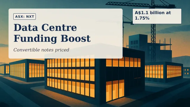 [ASX: NXT] NEXTDC LIMITED a vast Australian data centre campus at dusk, with illuminated server halls extending into the distance and construction
