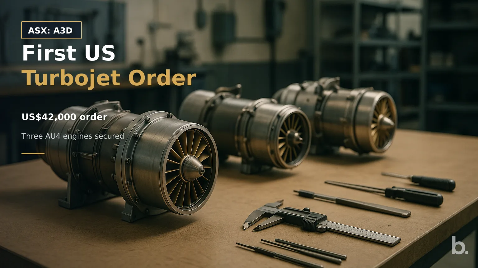 [ASX: A3D] AURORA LABS LIMITED three compact turbojet engines arranged on an aerospace engineering workbench, with exposed turbine components and precision tools