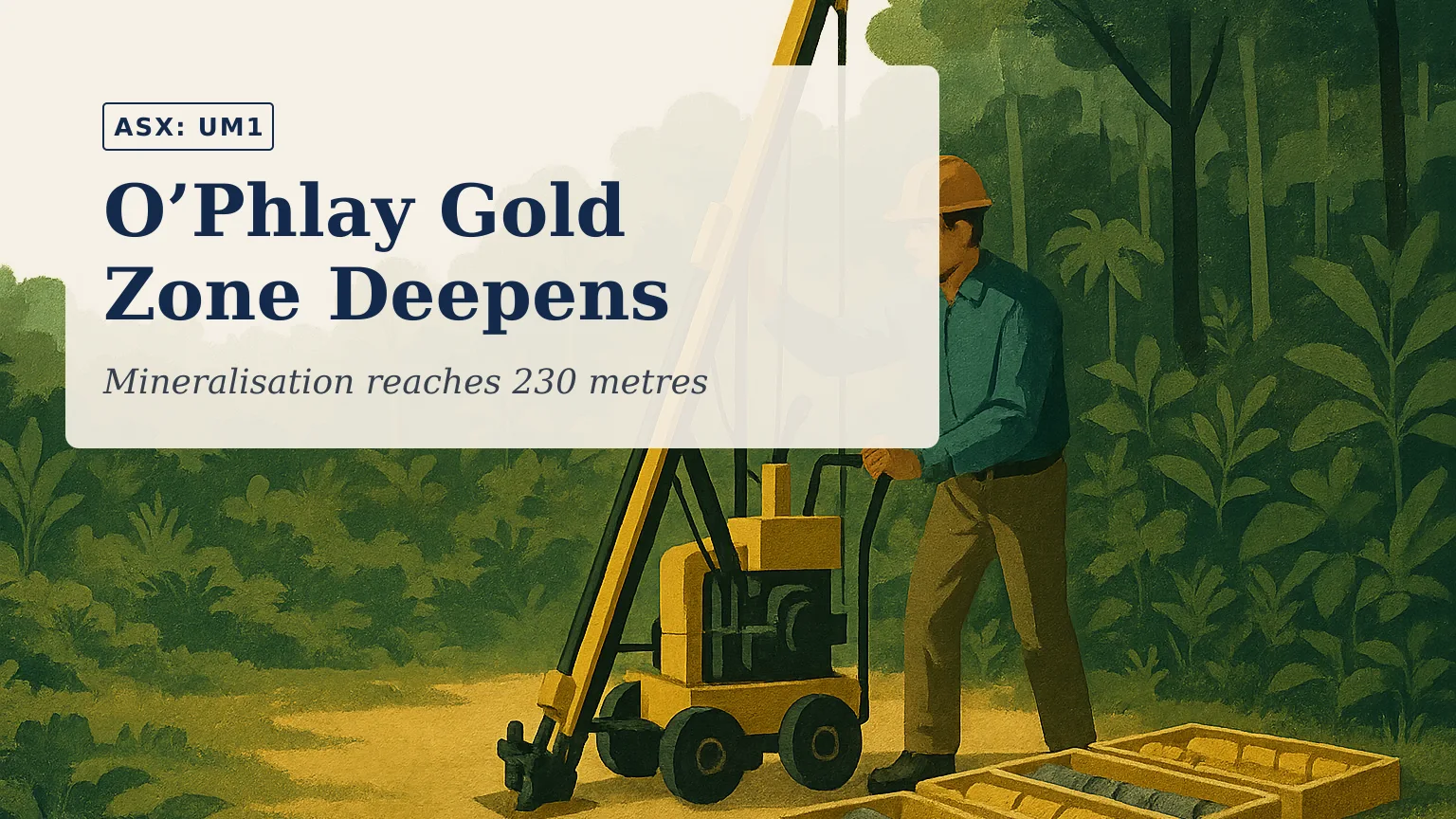 Illustration of a man-portable diamond drill rig operating in dense eastern Cambodian forest, with core trays arranged beside the rig and humid monsoon c…