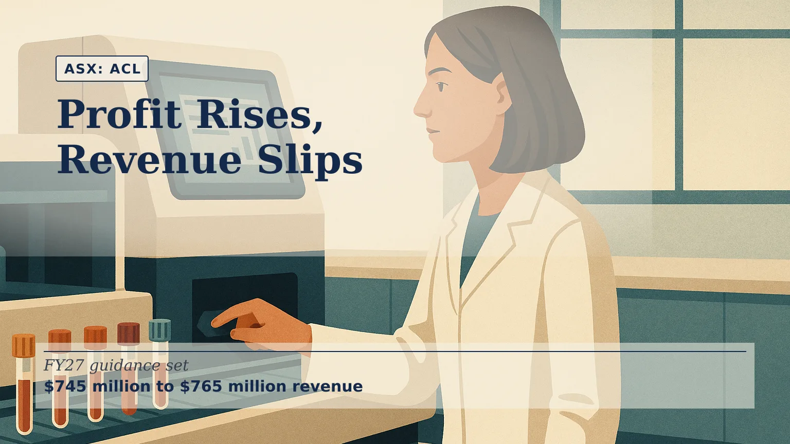 Illustration of a scientist operating an automated pathology analyser inside a modern clinical laboratory, with specimen tubes moving along a brightly li…