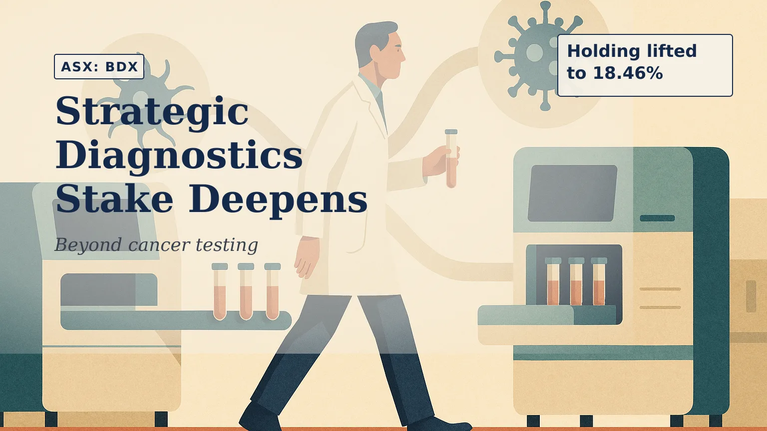 Illustration of a Sydney-based biotechnology laboratory with sample vials moving between advanced analysers, while a subtle branching pathway visually co…