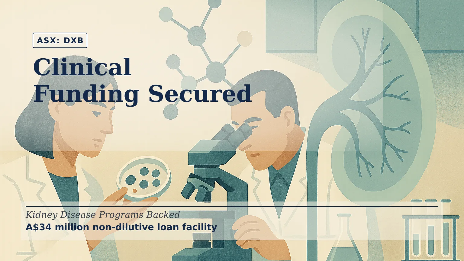 Illustration of a clinical research laboratory focused on kidney therapeutics, with scientists examining molecular samples beside a translucent anatomica…