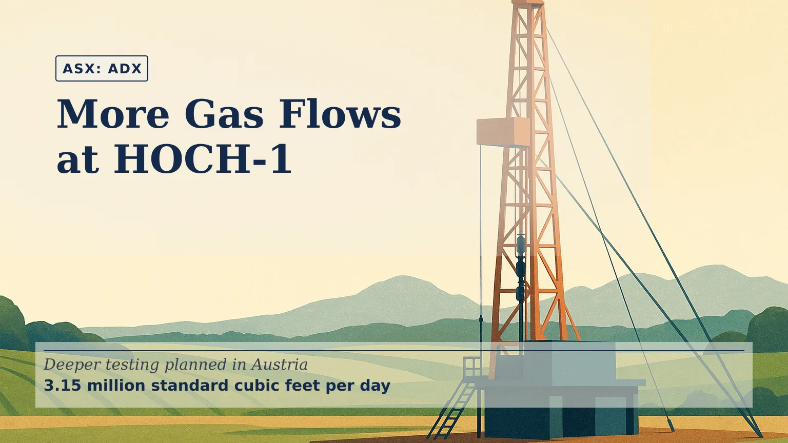 Illustration of a natural-gas well site in rural Upper Austria, with a compact workover rig framed by green farmland and distant alpine foothills under c…