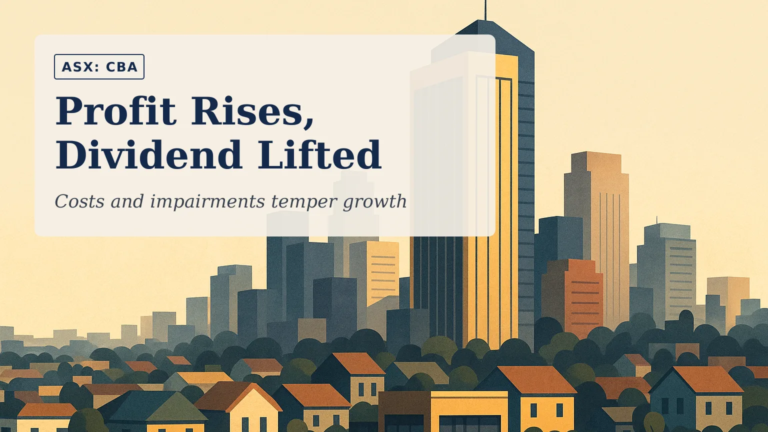 Illustration of a contemporary Australian city skyline at dawn, with a polished bank tower in the foreground and suburban homes and small businesses exte…