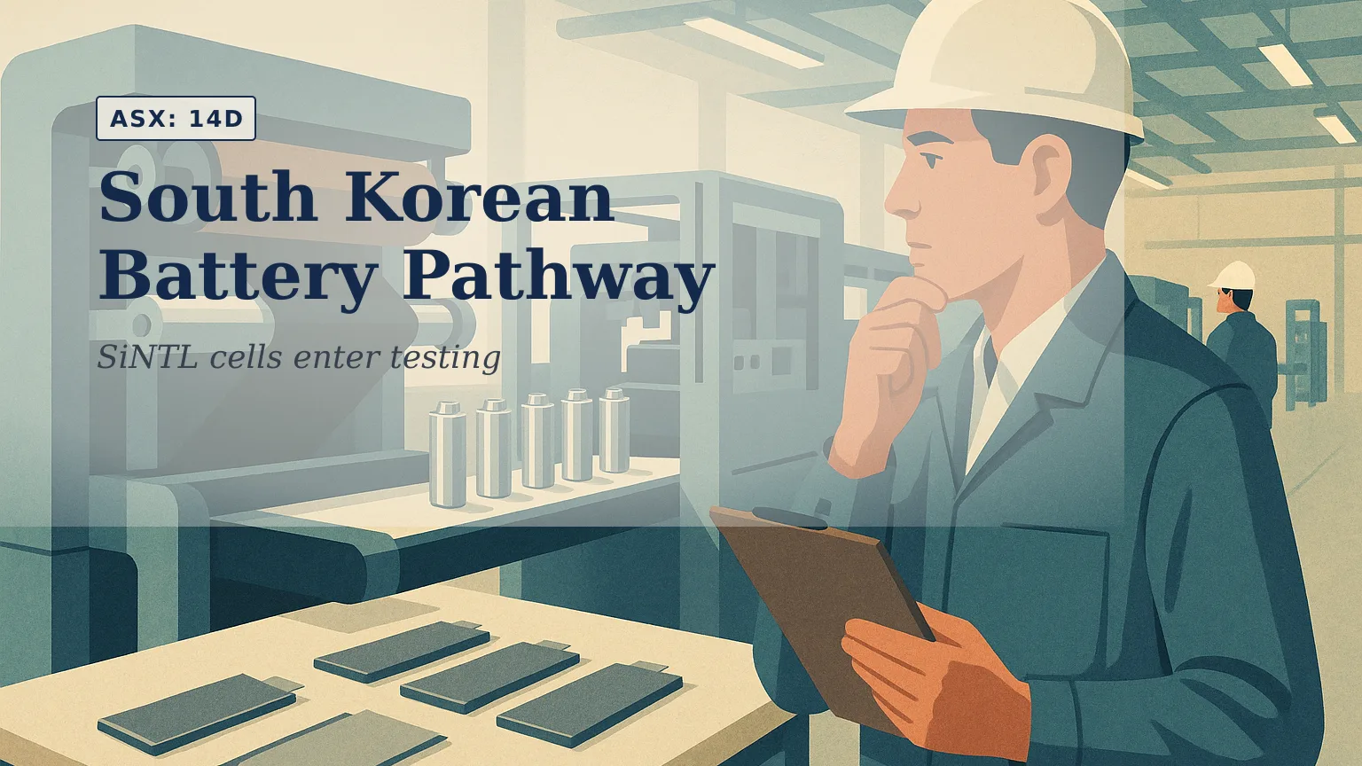 Illustration of a pristine South Korean battery foundry interior with automated electrode-coating machinery, metallic cell components and engineers inspe…