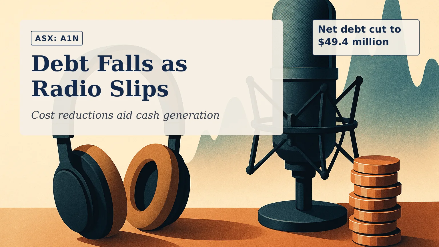 Illustration of an editorial still life featuring headphones, a studio microphone and a descending stack of metallic discs beside an upward-flowing digit…