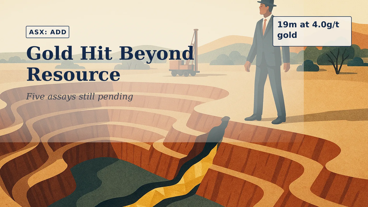 Illustration of an aerial view of an elongated open-pit gold mine in central New South Wales, with a drill rig positioned beyond the pit wall