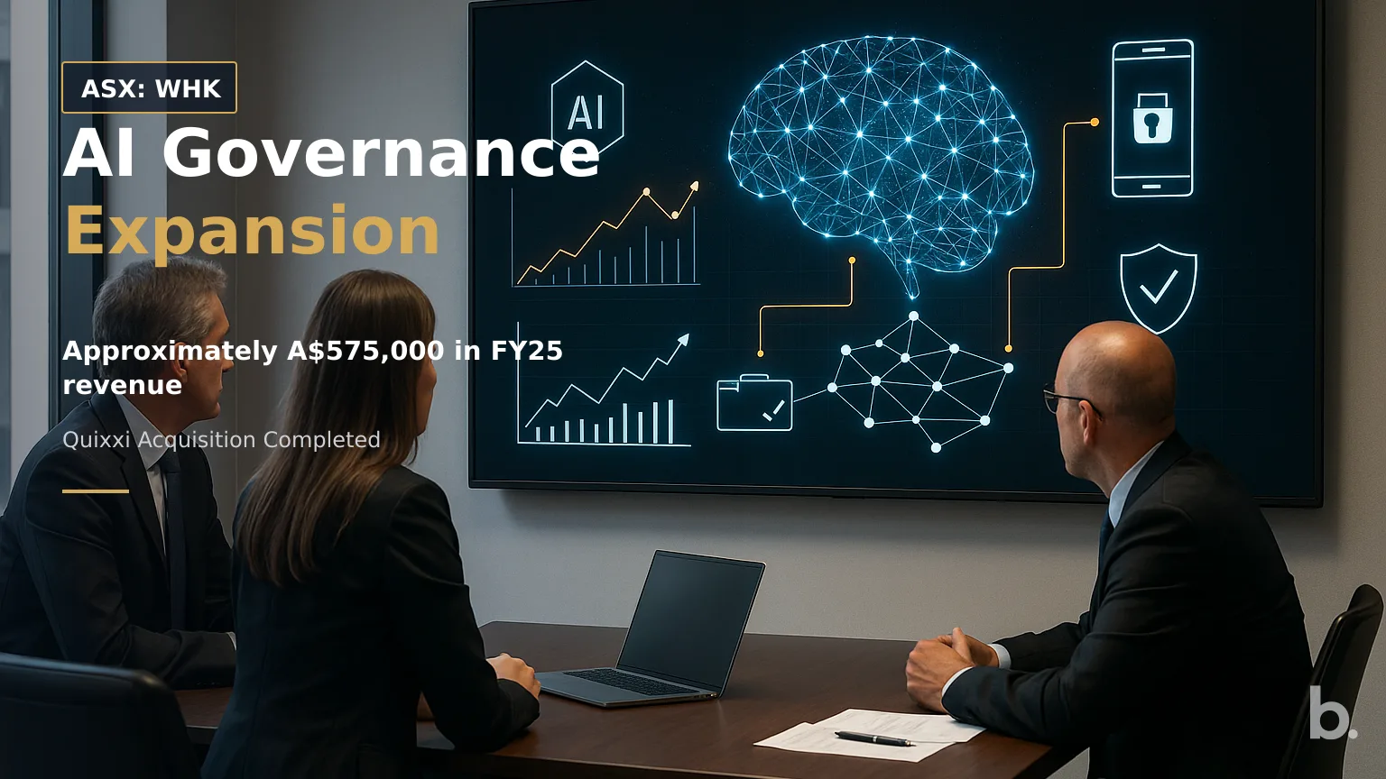 [ASX: WHK] WHITEHAWK LIMITED a boardroom table with executives viewing an abstract digital risk dashboard on a large wall display, composed around