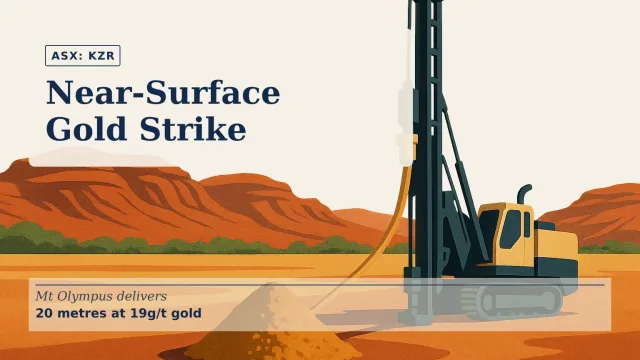 Illustration of a reverse-circulation drill rig working in the arid Pilbara landscape, with fresh drill cuttings in the foreground and red-rock ridges un…