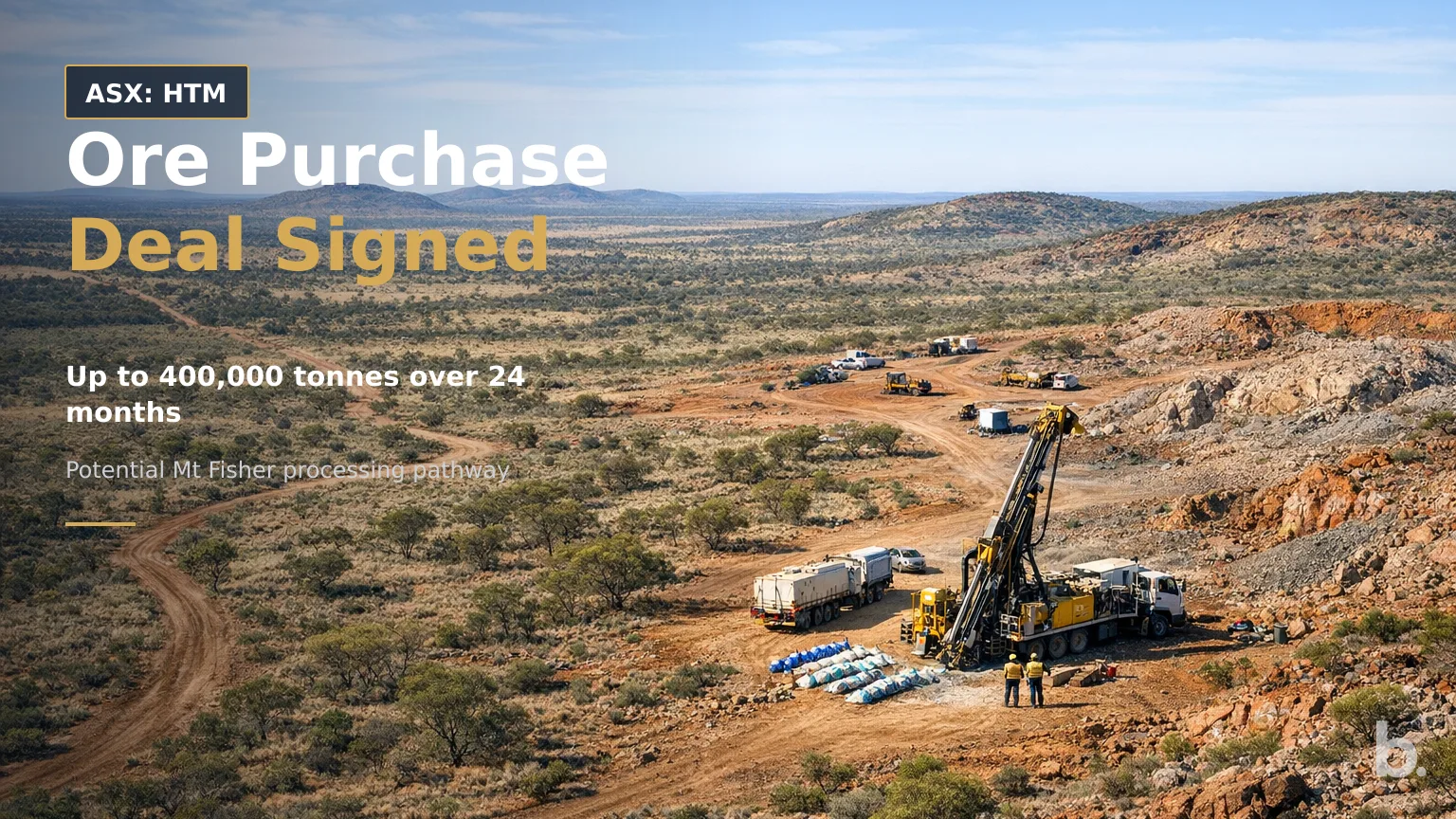 [ASX: HTM] HIGH-TECH METALS LTD a wide aerial view of a remote Western Australian gold project, showing exploration tracks, cleared work areas