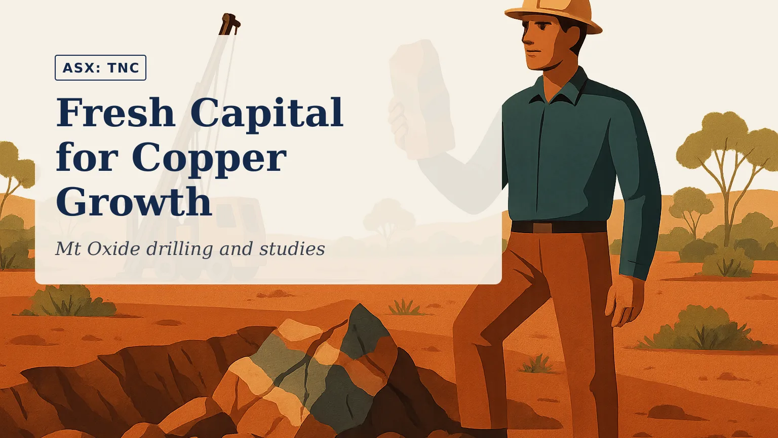 Illustration of a copper exploration drill rig operating in northwest Queensland, surrounded by red earth and sparse outback vegetation, with exposed min…