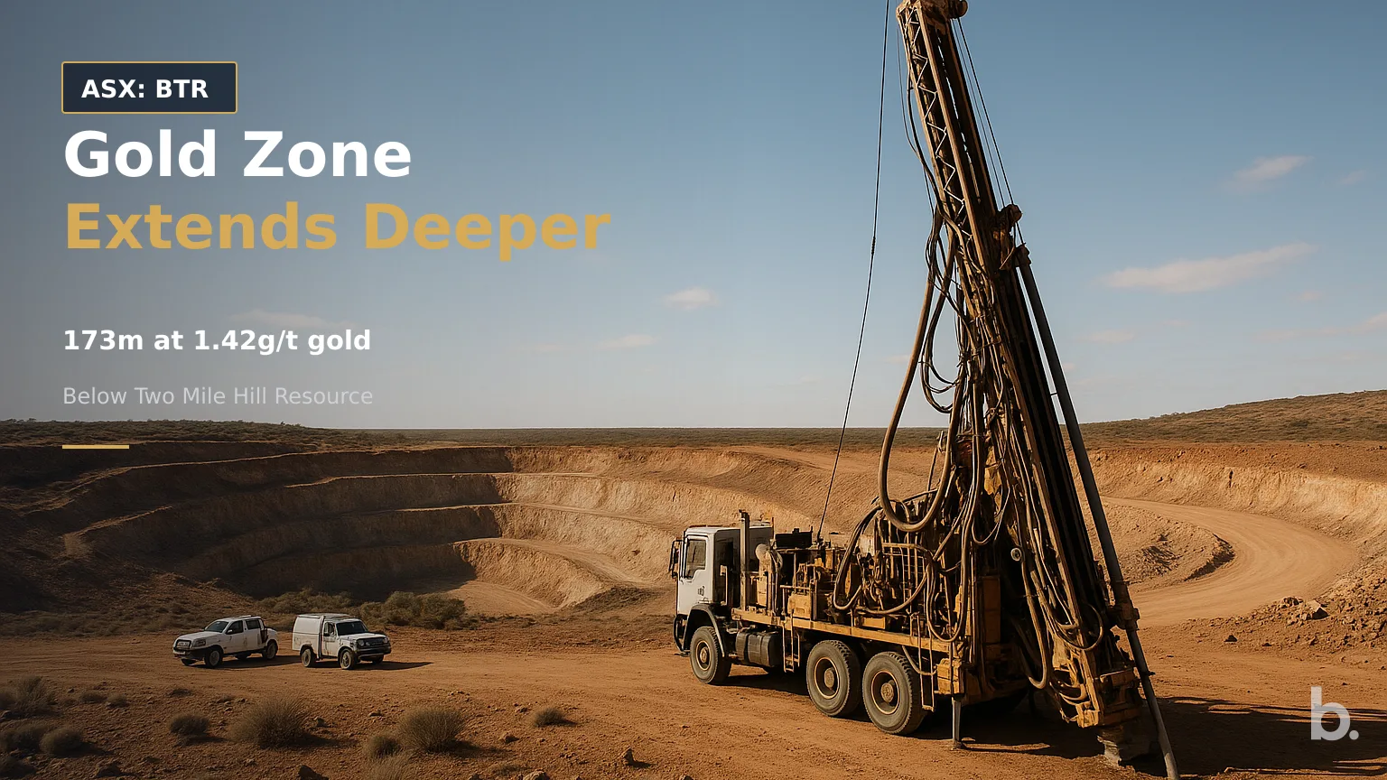 [ASX: BTR] BRIGHTSTAR RESOURCES LIMITED a diamond drill rig operating in the arid Western Australian landscape near an established open pit, framed