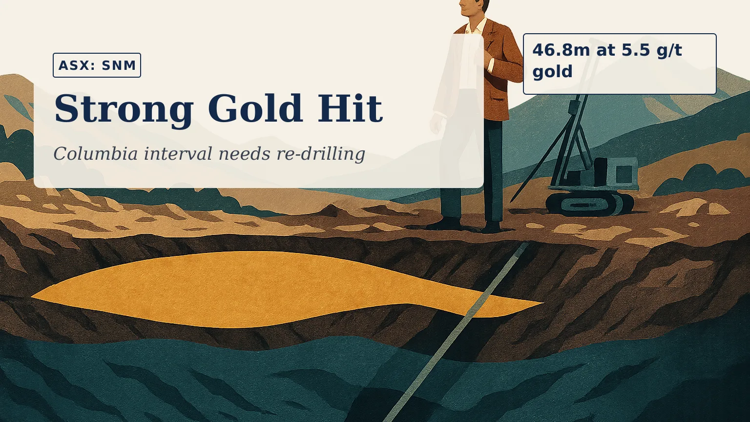 Illustration of a cutaway geological scene beneath a rugged Montana hillside, showing an inclined drill hole passing through a broad oxide gold zone into…