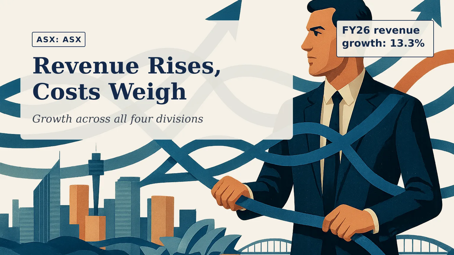Illustration of an abstract financial network spanning the Sydney skyline, with layered pathways representing trading, listings, market data and post-tra…