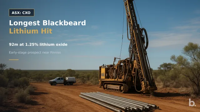 [ASX: CXO] CORE LITHIUM LTD a diamond drill rig operating in the Northern Territory bush, framed wide with drill rods, support vehicles