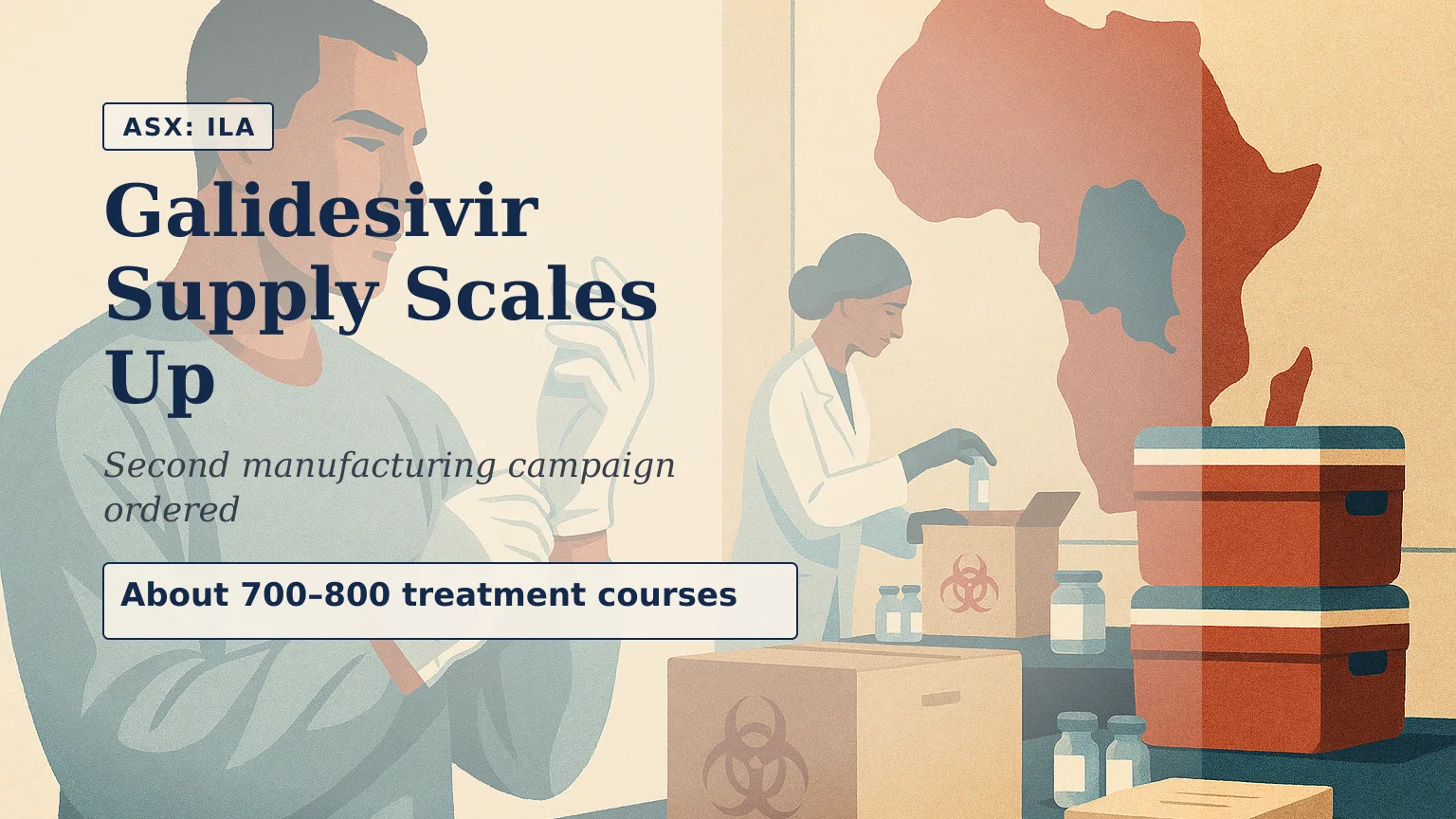 Illustration of a medical response team preparing sealed antiviral supplies beside a softly illuminated map of Central Africa, with a restrained red and…