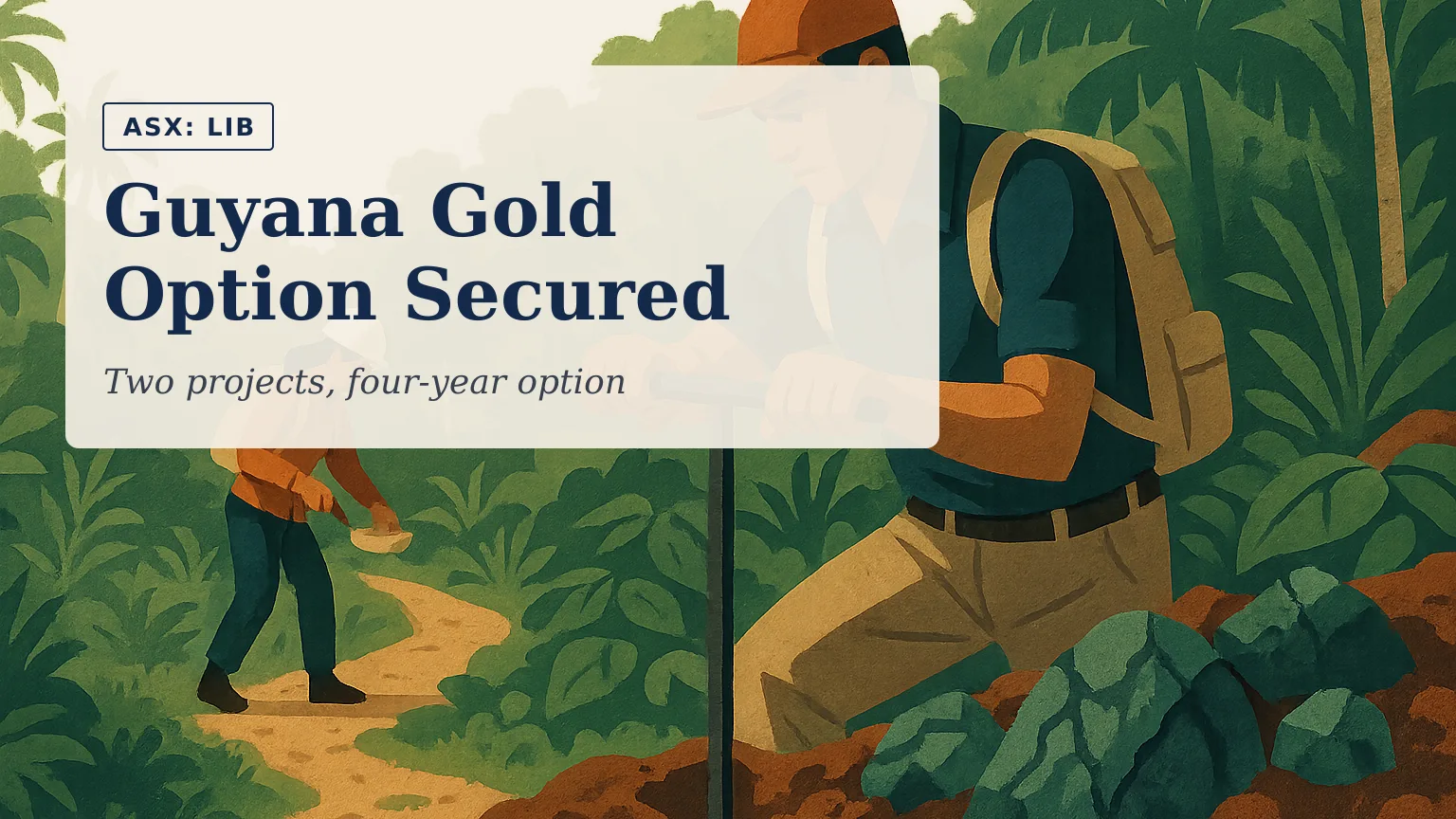 Illustration of a field geology team collecting soil samples along a narrow rainforest track in Guyana, with auger equipment and exposed greenstone rocks…